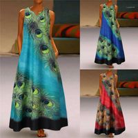 Wholesale Neck Sleevelless Dresses Urban Leisure Style Plus Size Womens Clothing Summer Womens Casual Dresses Peacock Print V