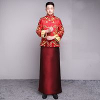 Wholesale Men Cheongsam Top Male Groom Wedding Qipao Married Han Fu Red Embroidery Chinese Style Toast Clothing Robe Jacket Tang Suit