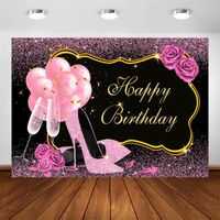 Wholesale Sweet Pink Rose Birthday Backdrop Shiny Glitter High Heels Champagne Adults Women Birthday Decor Photo Booth Background