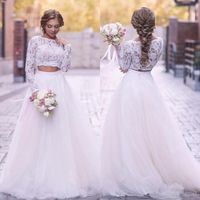 Wholesale 2020 Boho Pieces Wedding Dress Illusion Lace Top Long Sleeve Country Wedding Dress Tulle Skirt A Line Sweep Train Bridal Gowns