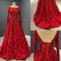 Wholesale Charming Red Feather Prom Dresses Saudi Arabia Sequined Bling Bling Long Sleeves A Line Evening Gowns Lace Up Back Robe De Soire