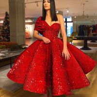 Wholesale Red One Shoulder Sequined Prom Dresses Ruched Tea Length Evening Gowns Zipper Back Cocktail Formal Party Dress Cheap Vestidos