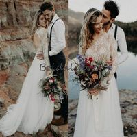 Wholesale Boho Style Robes De Mariée Bodice Illusion Top Lace Long Sleeve Beach Country Wedding Dress Cheap Backless A Line Tulle Berta Bridal