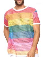 Wholesale Tshirts Hollow Out Casual Sexy Loose Short Sleeved Crew Neck Pullover Tshirts Fashion Rainbow Shirt Mesh Mens Designer