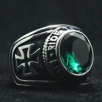 Wholesale Cluster Rings Rider Motorcycle Style Unisex L Stainless Steel Cool Ride To Live Live Cross Green Stone Classic Biker Ring