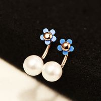 Wholesale Korean new style simple high end rear hanging pearl earrings for women black and white blue flowers fashion earrings gift jewelry earrings