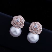 Wholesale 2020 Korean fashion luxury camellia pearl earrings jewelry brand high end micro inlaid zircon earrings temperament women wild earrings gifts