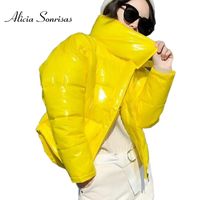 Wholesale Women s Trench Coats Glossy Winter Down Cotton Padded Jacket For Women Thick Bright Black Short Shiny Yellow Red Parkas AS809
