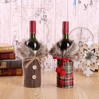 Wholesale Christmas Wine Bottle Cover Ornaments Holiday Decoration Props Bowknot Linen Fur Collar Wine Bottle Cover EEA1964