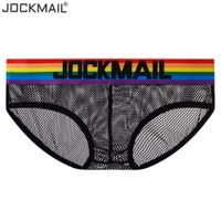 Wholesale JOCKMAIL Men Briefs Underwear Sexy Breathable Rainbow stripes Underpants Nylon mesh hole fun Male Panties