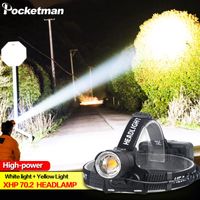 Wholesale 100000LM XHP70 Led Headlamp XHP70 Yellow White Led Headlight Fishing Zoom USB Rechargeable Torch Use batteries Camping