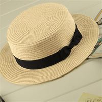 Wholesale Stingy Brim Hats Boater Sun Caps Ribbon Round Flat Top Straw Beach Hat For Mother Kids Panama Summer Snapback Gorras Outdoor Sunscreen
