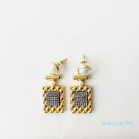 Wholesale Hot Sale Brass silver needle earring simple square tag cubic zirconia golden eardrop elegant female fashion accessories