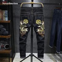 Wholesale Men s Jeans Men Streetwear Stretch Slim Fit Carp Embroidery Jogger Pants Japanese Chinese Style Man Cotton Casual Denim Trousers