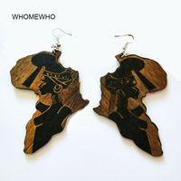 Wholesale Brown Wood Africa Map Tribal Engraved Tropical Fashion Black Women Earring Vintage Retro Wooden African Hiphop Jewelry Accessory