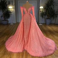 Wholesale Luxury Baby Pink Off the Shoulder Beaded Feather Formal Evening Dresses with Detachable Train Peals V Neck Prom Dress vestidos