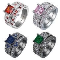 Wholesale Vintage Fashion Jewelry Sterling Silver Black Gold Fill Couple Rings Radiant Cut Multi Color CZ Diamond Women Bridal Ring Set Gift