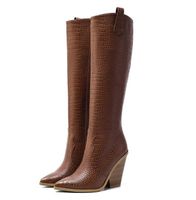 Wholesale Plus size to boots gold white brown croc embossed pu leather knee high cowboy pointed chunky heel designer shoes01