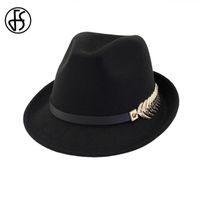 Wholesale FS New Wool Felt Women Men Fedora Hat For Spring Autumn Elegant Lady Trilby Jazz Hats Panama Cap Black Curl Brim