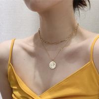 Wholesale Pendant Necklaces Vintage Carved Gold Coin Roman Necklace For Women Bohemian Boho Double Chain Jewelry Statement