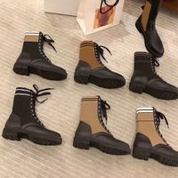 Wholesale New Leather Biker Boots Women Rockoko Combat Boots Black Calfskin Stretch Fabric Ankle Martin Boot Shoes Non slip Rubber Sole with Box