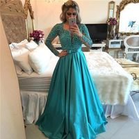 Wholesale 2020 hunter Long Sleeves Lace evening prom Dresses for Weddings Bride pearls applique bow belt A Line Evening Gowns Groom Godmother Dresses