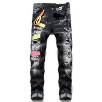 Wholesale Men Badge Rips Stretch Black Jeans Fashion Slim Fit Washed Motocycle Denim Pants Men s Panelled Hip Hop Trousers For Male