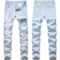 Wholesale Men s Jeans Strechy Mens Slim Fit Broken Motorcycle Skinny Light Blue Denim Pants Detailed Street Style Troursers
