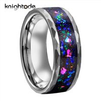 Wholesale 8mm Hammered Tungsten Carbide Rings Galaxy Series Opal Inlay For Man Women Wedding Bands Silvery Facets Brushed Comfort Fit