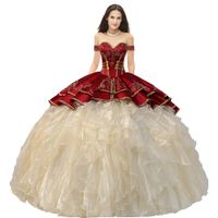 Wholesale Embroideried Wine Red Satin Medalllions Charra Quinceanera Dress Vestido Ball Gown Court Train High Low Overlay With Organza Ruffles Western Sweet Party Dress
