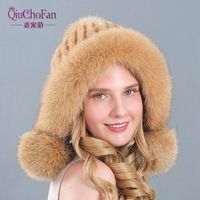 Wholesale Beanie Skull Caps Knitted Real Fur Beanies Hats With Cute Pompoms Hat Genuine Ear Flaps Natural Russian Winter