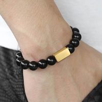 Wholesale Link Chain mm Black Stone Beads Bracelets Engrave Gold Silver Color Stainless Steel ID Tag For Men Stretch Bracelet Gift