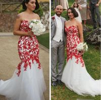 Wholesale Vintage White and Red Mermaid Wedding Dresses Bridal Gowns Sweetheart Appliques Lace Back Lace up Corset Plus Size Bride Dress