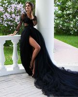 Wholesale Gothic Design Black Wedding Dresses Sexy High Split Open Leg Lace Top Long Sleeve A Line Bridal GownsCustom Plus Size