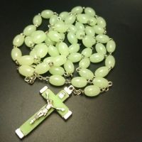 Wholesale Luminous Rosary Cross pendants necklaces Beads vintage long style sweater chain Christian Catholic Jesus jewelry fashion