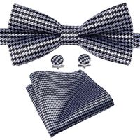 Wholesale Bow Ties Houndstooth Bowtie Set For Men Silk Pre Tied Bows Classic Black White Plaid Formal Butterfly Tie Handkerchief Cufflink