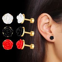 Wholesale Stud Charm Women s Red Rose Earrings Colourful D Carved Girls Lady Wedding Prom Stainless Steel Flower