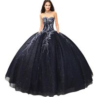 Wholesale Beautiful Strapless Sweetheart Black Dress With Silver Embroidery Details Sparkle Tulle Quinceanera Dress Gala Ball Gown Debutante