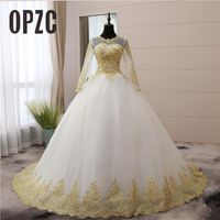 Wholesale Vintage Gold lace Appliques Embroidery Sweetheart White Blue Red Full Sleeve Fashion Muslim Wedding Dresses brides plus size
