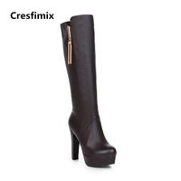 Wholesale Boots Cresfimix Lady Casual High Quality Pu Leather Heel Black Long Leisure White Over Knee Botas C2311