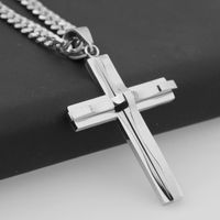 Wholesale Granny Chic Mens Chain Curved Cross Pendant Necklace Stainless Steel Curb Cuban Link Polished Silver Color inch