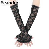 Wholesale Five Fingers Gloves Summer Womens Long Fingerless For UV Protection Sun Elbow Length Half Finger Hollow Out Lace Floral