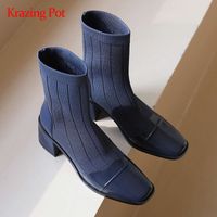 Wholesale Boots Krazing Pot Sock Knitting Streetwear Patchwork Square Toe Thick High Heel Slip On Young Girls Daily Wear Ankle L86
