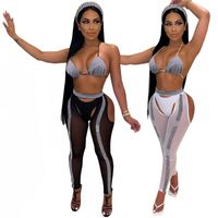 Wholesale 2020 New Women Sexy Piece Set Shinny Bra Top Briefs Cutout Sheer Mesh Pencil Pants Night Club Suits Party Clothing