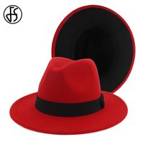 Wholesale FS Women Wool Felt Jazz Fedora Hat with Ribbon Decor Red Black Patchwork Wide Brim Panama Trilby Cap Fashion Hats Sombrero Mujer