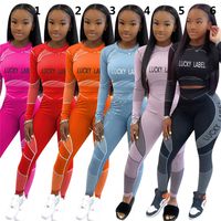 Wholesale Women Tracksuit Lucky Label Letters Long Sleeves T Shirts Crop Top Tight Leggings Pants Hiking Running Two Piece Outfit Sports Suit D92305