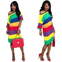Wholesale Sleeve Plus Size Dress Woman Designer Clothing Hot Sale Rainbow Stripe Dress Women Summer Female Shirt Long