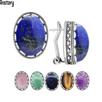 Wholesale Stud Oval Natural Lapis Lazuli Tiger Eye Pink Quartz Jades Blue Sequins Earrings Antique Sliver Plated Fashion Jewelry For Women