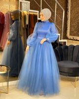 Wholesale Blue Muslim Prom Dresses With Sleeves High Neck A Line Long Formal Dress Cheap Arabic Evening Gowns Full Length