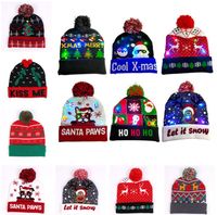 Wholesale Christmas LED Knitted Beanie Hat Night Light Up Hats Santa Claus Snowman Reindeer Elk Pattern Luminous Hats with Pom Ball Crochet Caps D9908